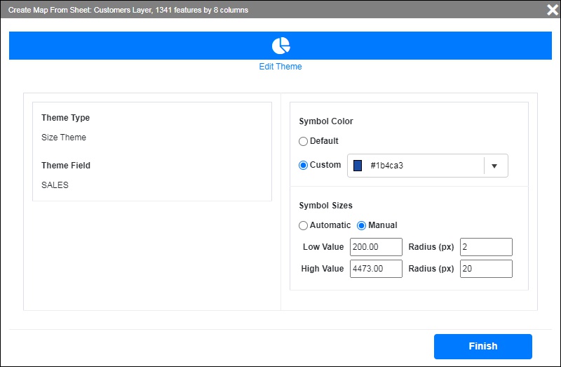 Options for creating size themes in Maptitude Online