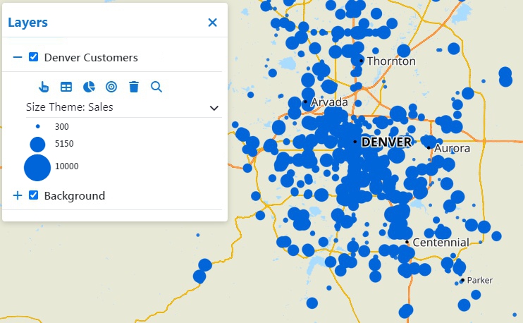 A Maptitude Online map of customer locations where smaller size dots indicates a customer with low sales and larger dots indicate higher sales