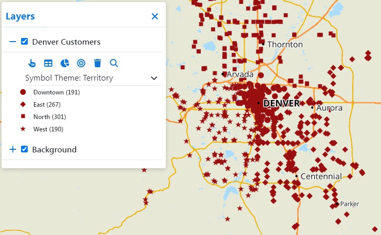 A Maptitude Online point map of customer locations where each point is shown with a pattern indicating what territory it belongs to