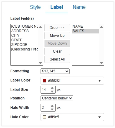 Maptitude Online labels options