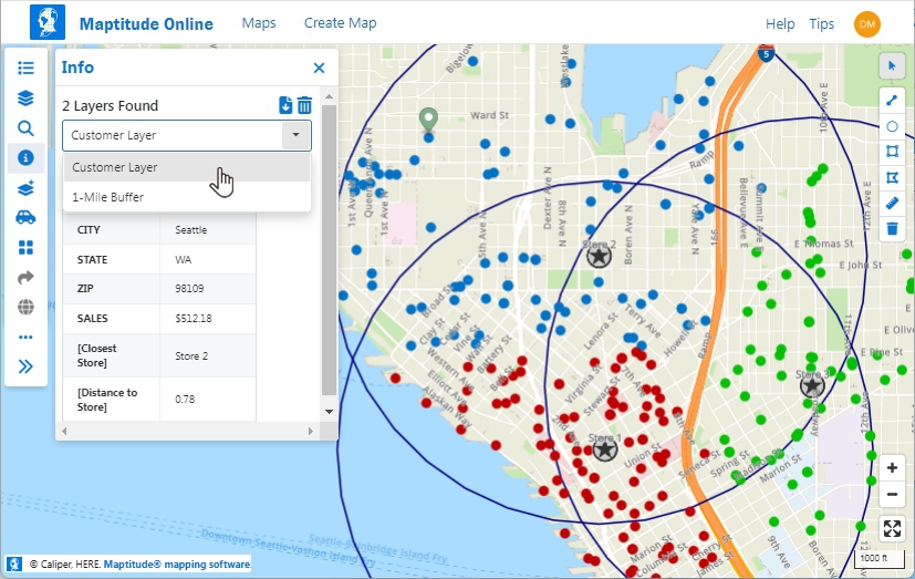 Map illustrating how to use the Info pane in Maptitude Online on one or more map layers