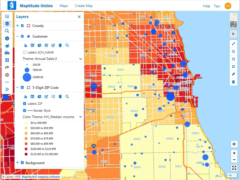 Maptitude Online map with the Layers pane expanded