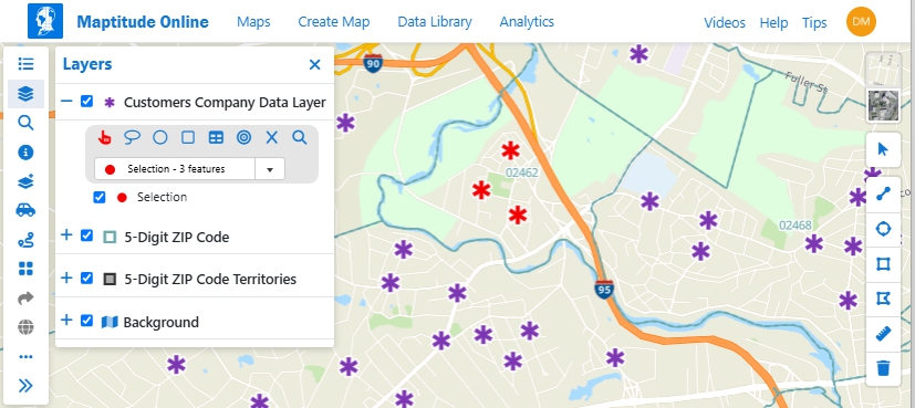 Maptitude Online map with highlighted filtered features