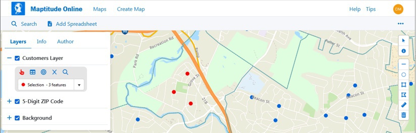 Maptitude Online map with highlighted filtered features