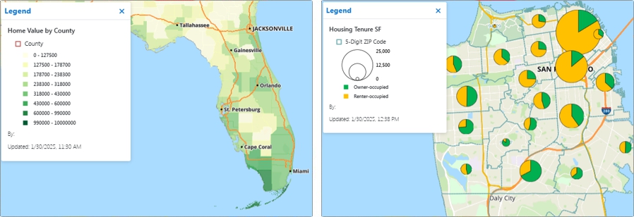 Maptitude Online map of home values by Florida county and housing tenure by San Francisco ZIP Code