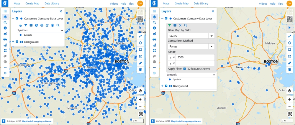 Maptitude Online map showing all customer points on a map and only filtered features on the map