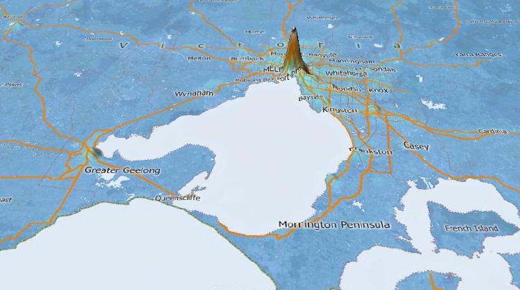 Maptitude 3D Map Software map of locations with high retail density around Melbourne, Australia