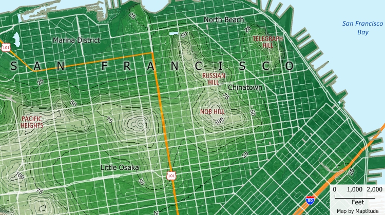 What is elevation/elevation definition: Map showing elevations of the hills in San Francisco created with Maptitude map software