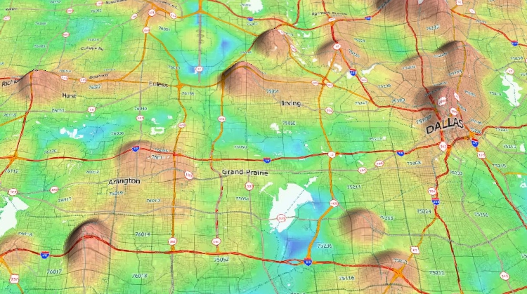 Maptitude 3D topographic maps can show elevation and other data