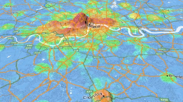 Maptitude 3D Map Software map of locations with high retail density around London, UK