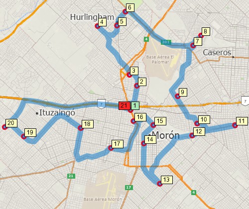 Map of optimised route serving multiple stops created with Maptitude Argentina map software