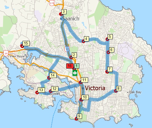 Map of optimised route serving multiple stops created with Maptitude Canada map software