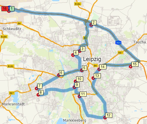 Map of optimised route serving multiple stops created with Maptitude Germany map software
