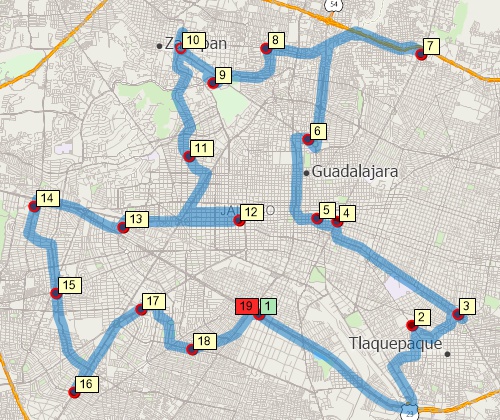 Map of optimized route serving multiple stops created with Maptitude Mexico map software