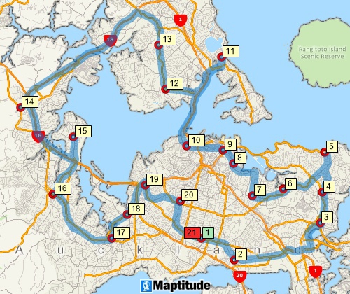 Map of optimised route serving multiple stops created with Maptitude New Zealand map software