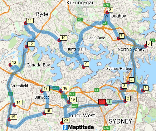 Map of optimised route serving multiple stops created with Maptitude Australia map software