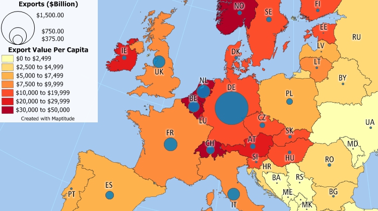 Sample Europe thematic map created with Maptitude global mapping software