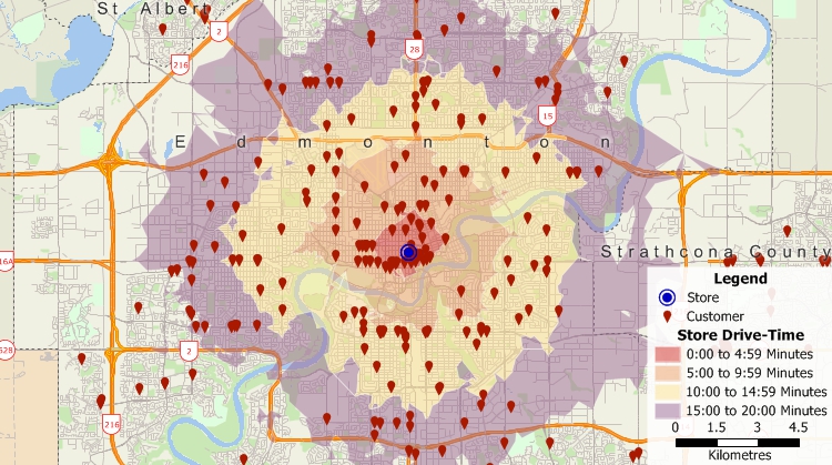 Maptitude Canada street map with geocoded customers and drive-time rings