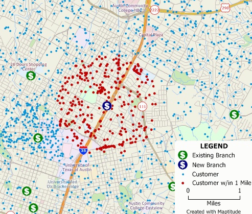 Map of bank locations and customers created with Maptitude bank mapping software