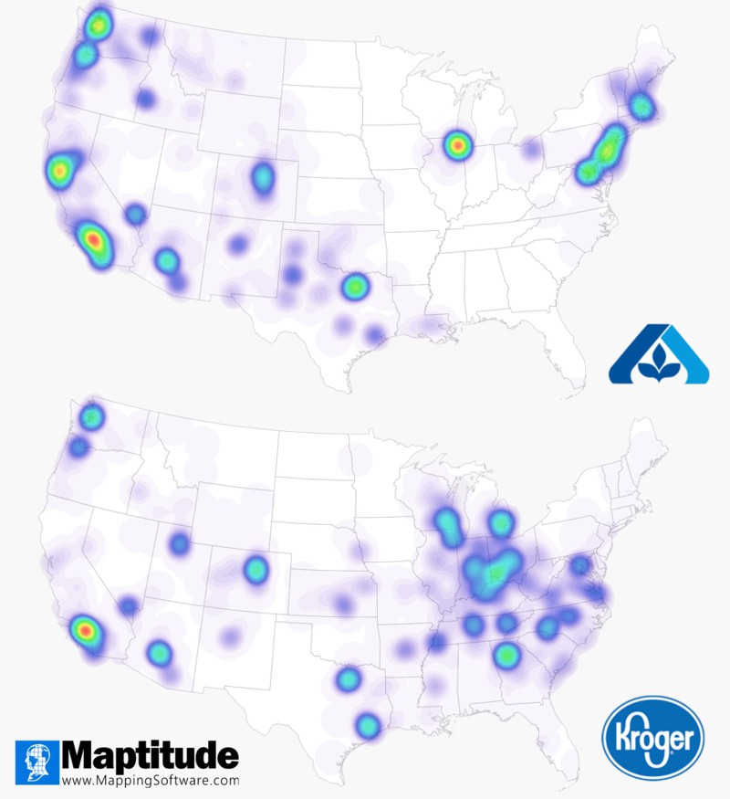 Two maps showing the concentration of Kroger-owned and Albertsons-owned grocery stores across the United States