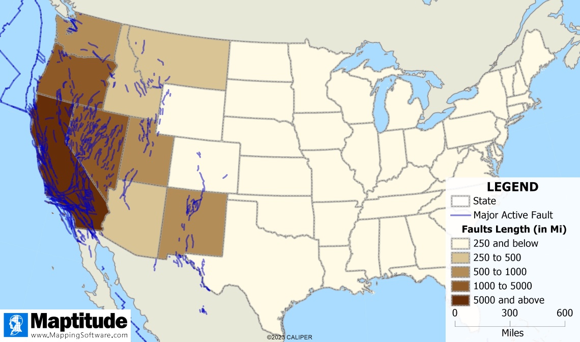 Number of miles of faults in U.S. states