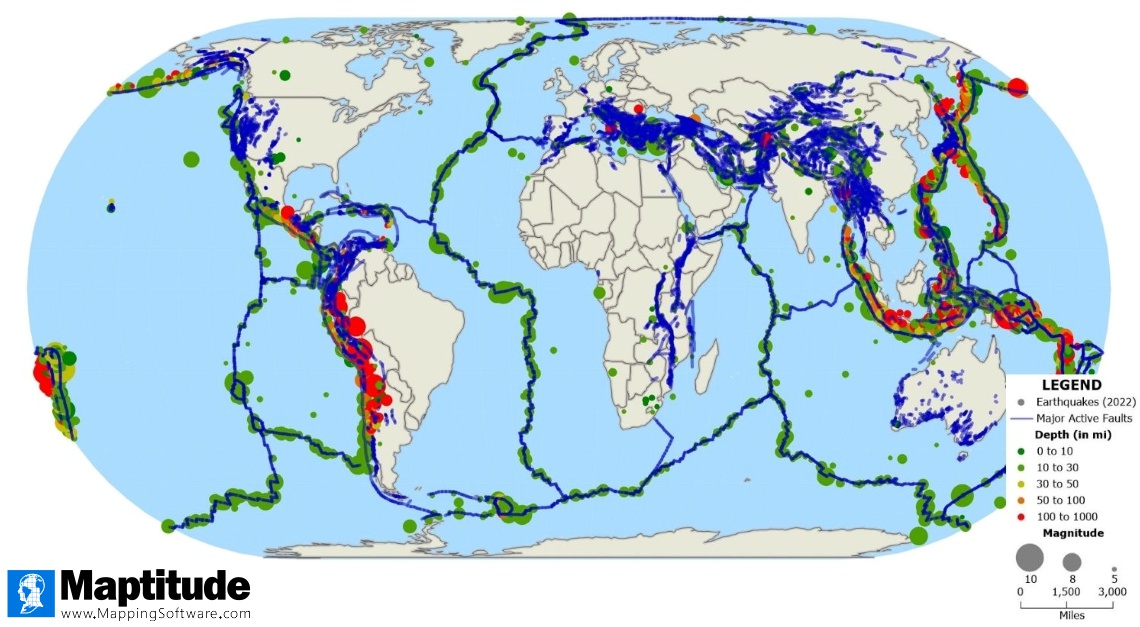 Locations, size, and depth of world earthquakes with fault lines