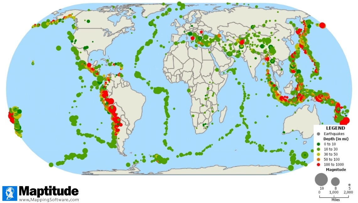 Locations, size, and depth of world earthquakes