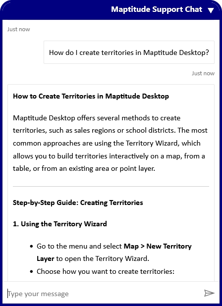Maptitude Virtual Assistant answering how to create territories in Maptitude Desktop on the Maptitude Learning Portal