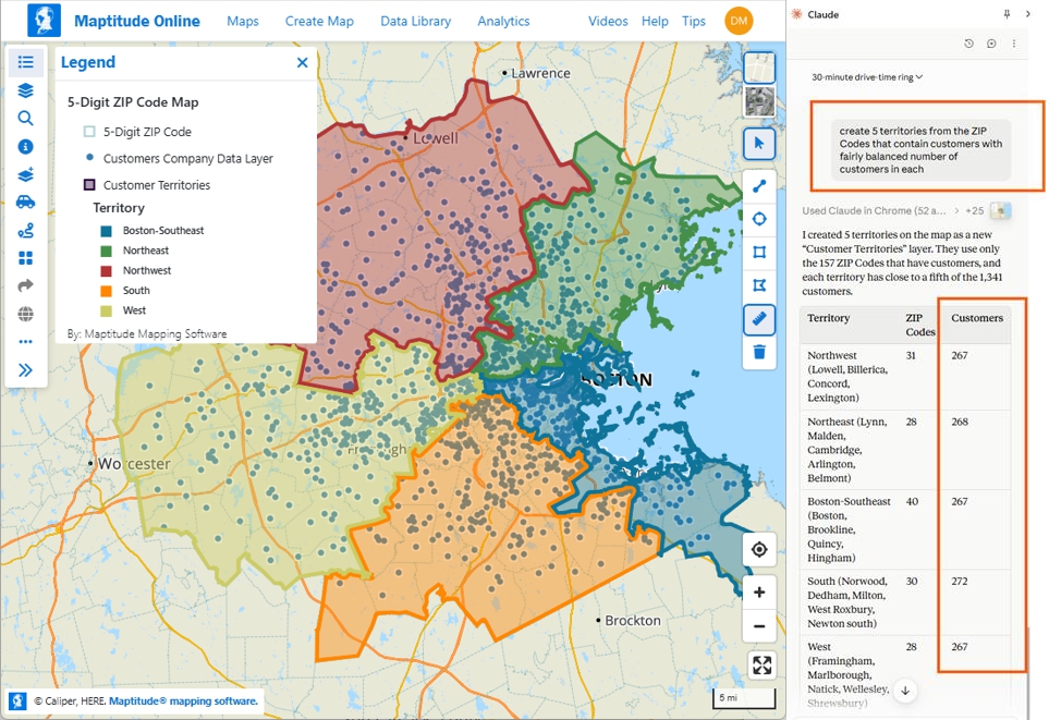 Five balanced sales territories created in Maptitude Online by a browser AI agent from one plain-English request