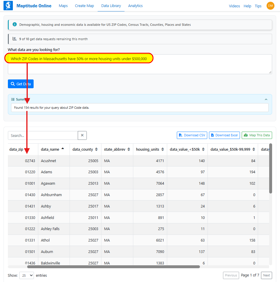 Maptitude Online Data Library tab with a plain-language data request and its results table