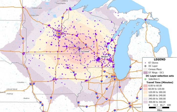Map of 60-minute interval time bands around La Crosse, Wisconsin distribution center