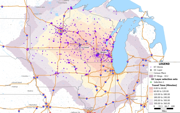 Map of 60-minute interval time bands around La Crosse, Wisconsin distribution center