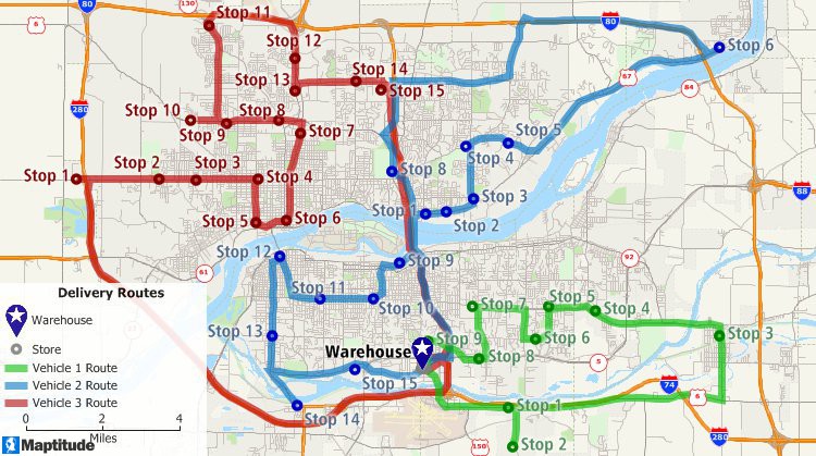 Multi-vehicle delivery routes on a Maptitude map