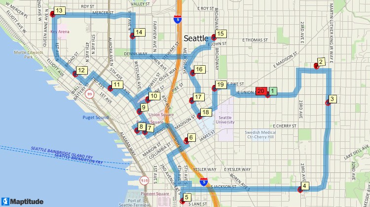 Single-vehicle delivery routes on a Maptitude map