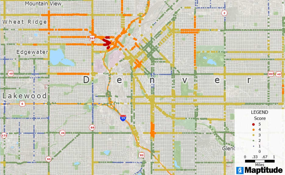 Map of intersections in Denver scored by their demographic criteria