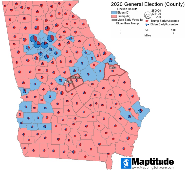 Map of Georgia with counties that Trump won in red and counties that Biden won in blue. Pie charts on each county show the breakdown of early and absentee votes. Large pies indicate more early and absentee voting.
