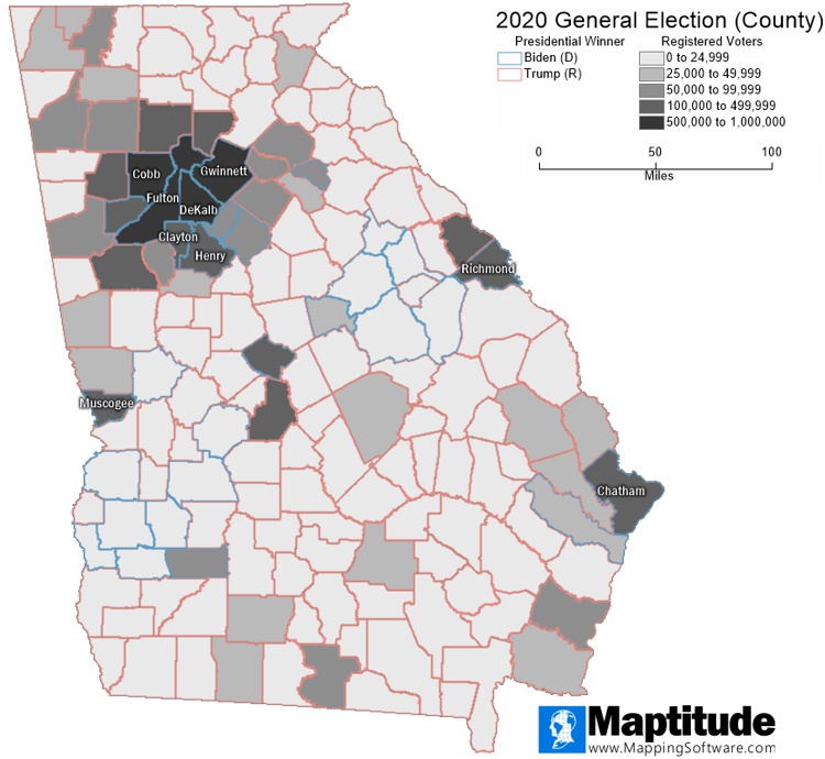Map of Georgia with counties shaded by number of registered voters with the vast majority of voters located in the Atlanta metro counties
