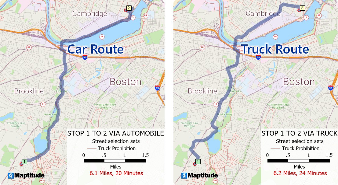 Maptitude maps comparing auto shortest path and truck route shortest path between two locations