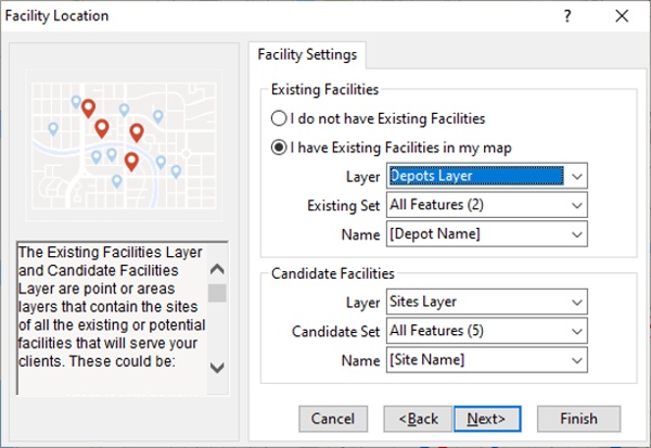 Maptitude Facility Location Wizard road method option for doing brownfield analysis