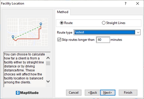 Maptitude Facility Location Wizard road method option