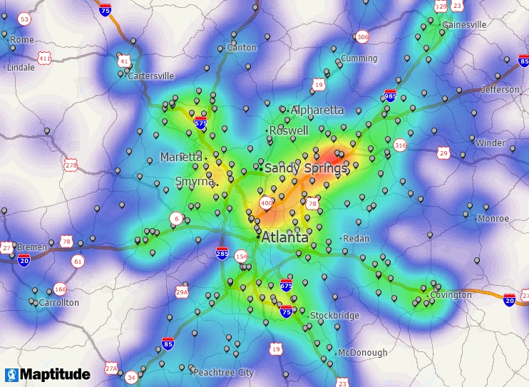 Maptitude mapping software map of geocoded customers and heat map based on those locations