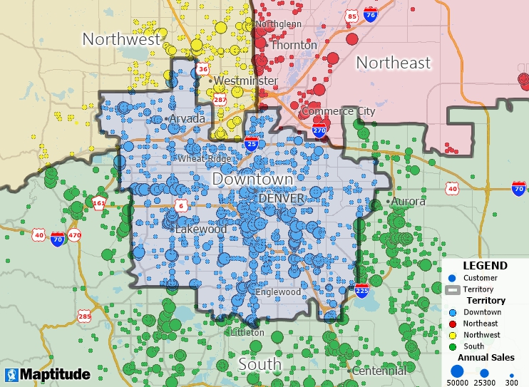 Maptitude mapping software map of geocoded customers, their sales, and the territories to which they belong