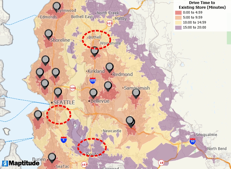 Maptitude mapping software map of geocoded stores and 5-minute interval drive-times to those stores