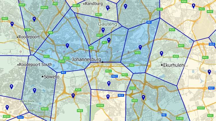 Maptitude GIS map of area-of-influence territories around sites in Johannesburg, South Africa