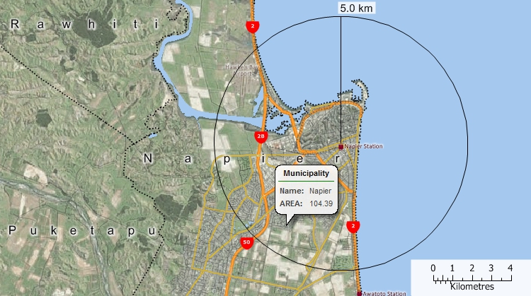 Maptitude GIS map of Napier, New Zealand with custom radius and hover tool showing area of Napier