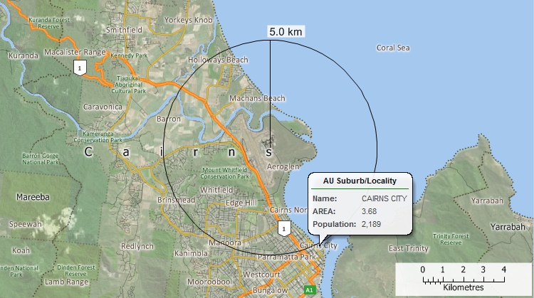 Maptitude GIS map of Cairns, Australia with custom radius and hover tool showing area of Cairns City