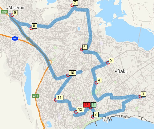 Map of optimised route serving multiple stops created with Maptitude Azerbaijan map software