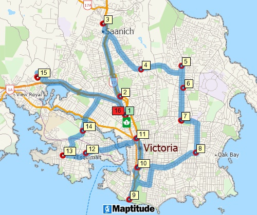 Map of optimised route serving multiple stops created with Maptitude Canada map software