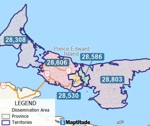 Maptitude map of territories balanced by adult population