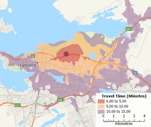 Drive-time analysis with Maptitude Finland mapping software